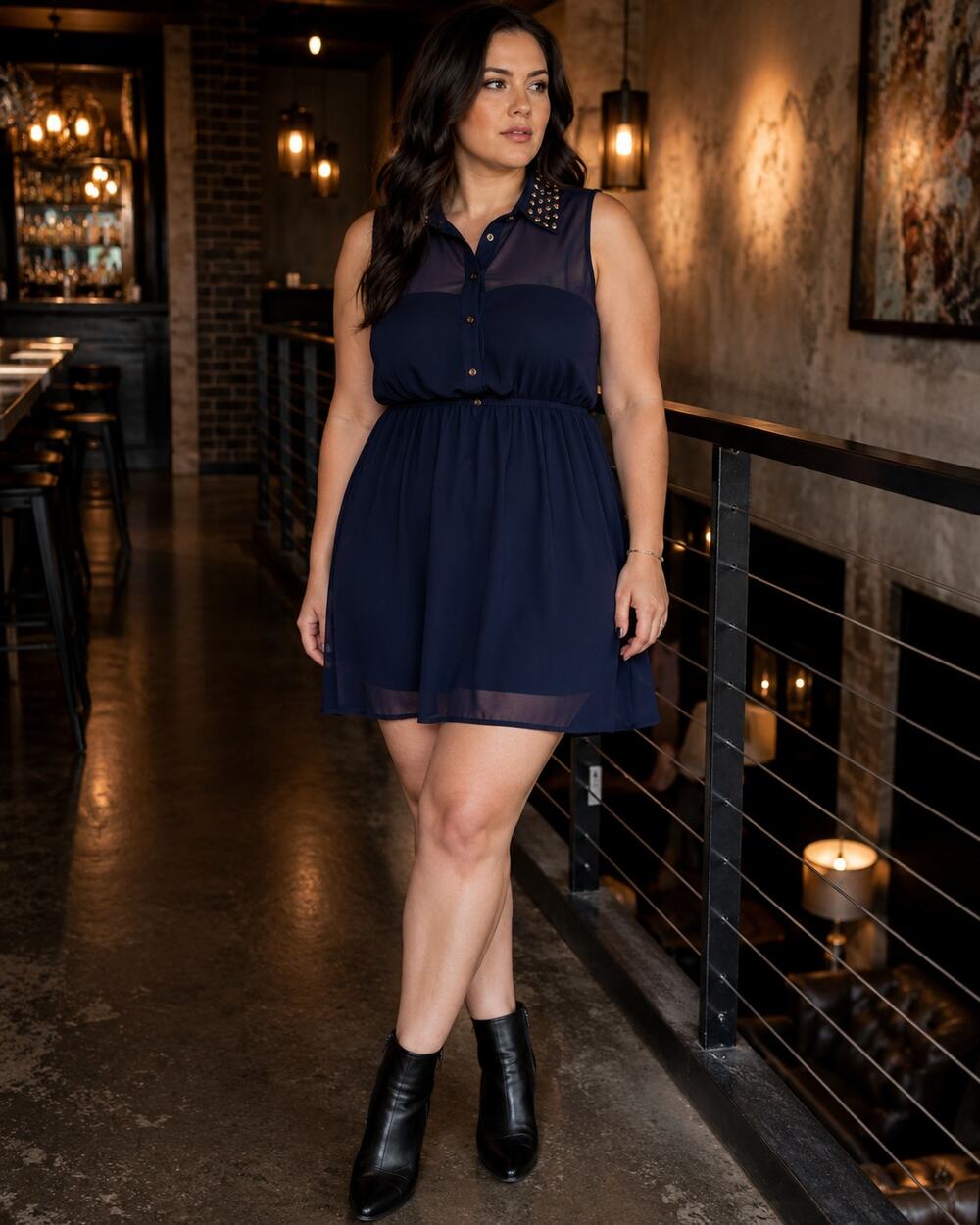 Studded Collar Navy Blue Sheer Mini Dress L Edgy Party Night Out Y2K Whimsy Goth